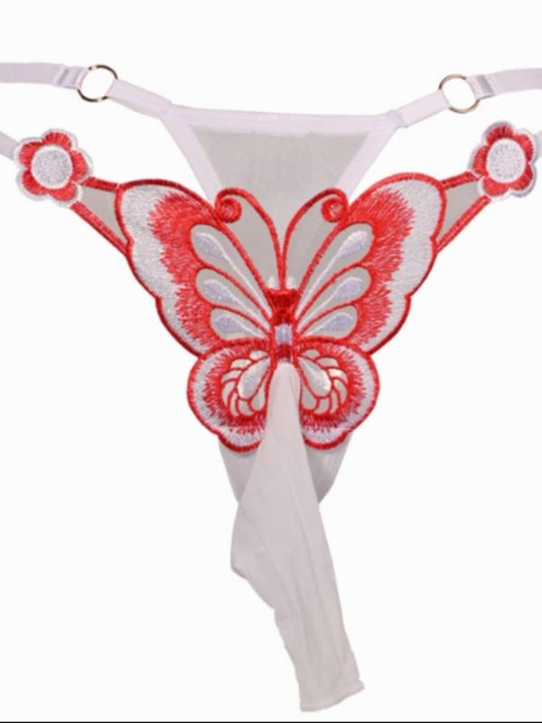 Men's Butterfly Embroidery Sheer Sexy Thong, Breathable Comfortable O-ring Decor Sexy Underwear for Daily Wear, Fashion Men's Underwear for All Seasons