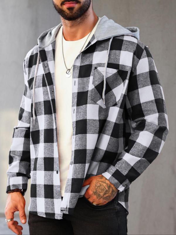 Men's Patchwork Plaid Print Button Front Hooded Jacket, Casual Regular Fit Long Sleeve Drawstring Pocket Outerwear for Fall & Winter, Men's Clothes for Daily Wear