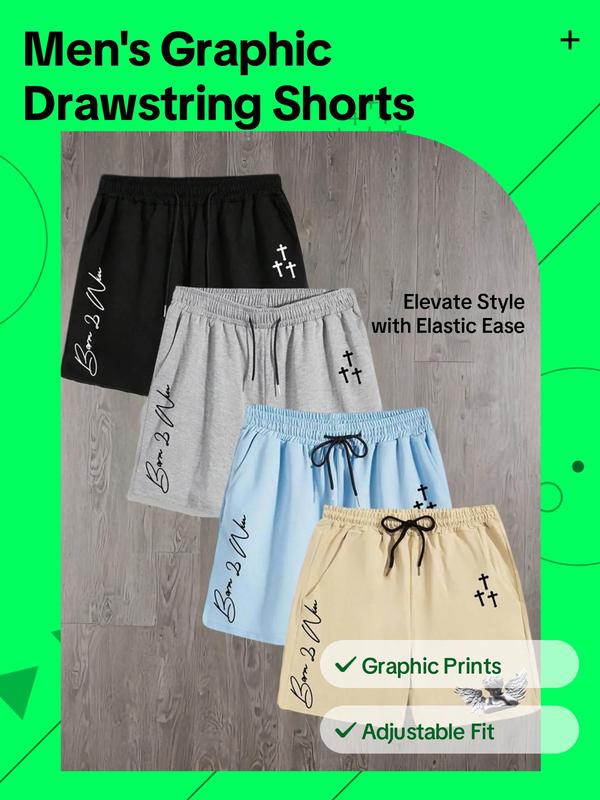 Men's Cross & Letter Print Drawstring Shorts, Casual Streetwear Regular Fit Pocket Elastic Waist Shorts,  Mens Shorts, Summer Outfits, Back To School Clothes, Men's Bottoms for Daily Wear