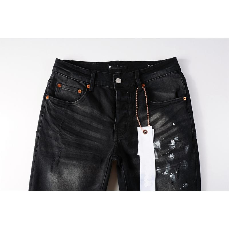 Men's American Streetwear Distressed Black Skinny Splash Paints Holes Button Fly Ripped Jeans Pants