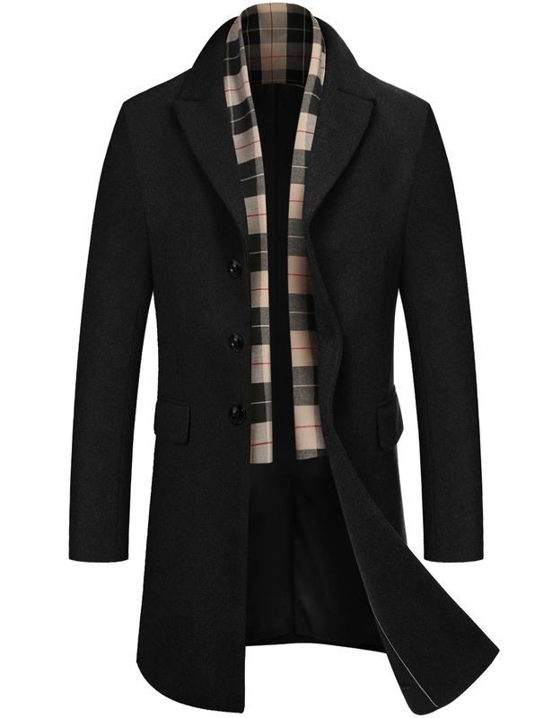 COOFANDY B Men's Wool Blend Coat with Detachable Plaid Scarfs Notched Collar Single Breasted Pea Coat Trench Overcoat