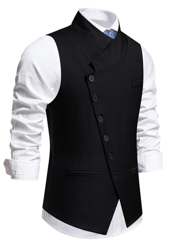 Men's Regular Fit Solid Button Front Vest Blazer without Shirt & Tie, Business Formal Suit Vest, Pocket Design Waistcoat for Men, Menswear for Spring & Fall