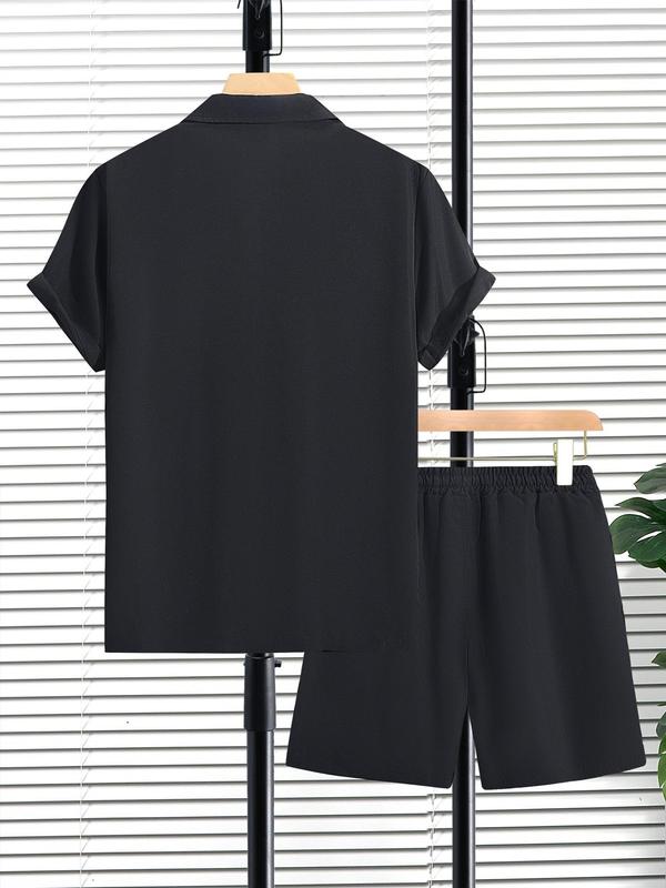 2 Piece Set Men's Regular Fit 2pcs Summer Clothes, Plain Button Front Lapel Collar Shirt & Drawstring Shorts Set, Casual Short Sleeve Top & Elastic Waist Pants, Two-piece Outfits for Summer Daily Wear