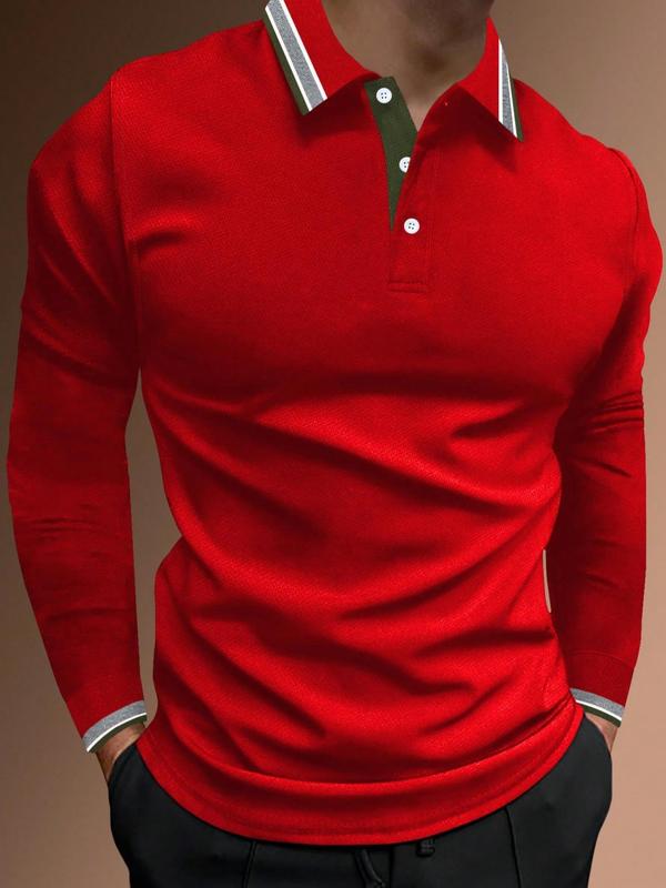 Men's Contrast Binding Polo Shirt, Regular Fit Casual Long Sleeve Button Top, Mens Clothes for Daily Wear