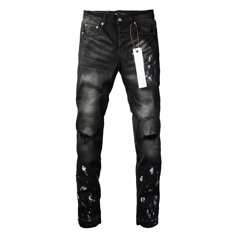 Men's American Streetwear Distressed Black Skinny Splash Paints Holes Button Fly Ripped Jeans Pants