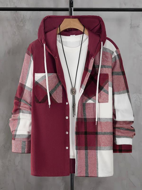 Men's Plaid Print Button Front Drawstring Hooded Shirt, Regular Fit Casual Long Sleeve Pocket Outerwear for Spring & Fall, Shirts for Men, Fashion Men's Clothes for Daily Wear