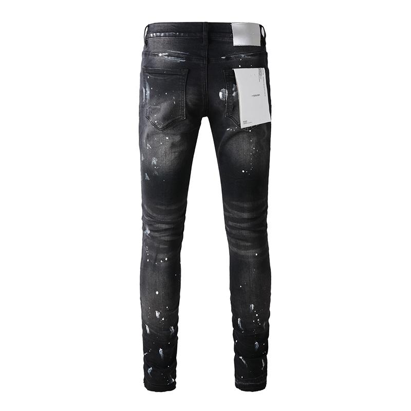 Men's American Streetwear Distressed Black Skinny Splash Paints Holes Button Fly Ripped Jeans Pants