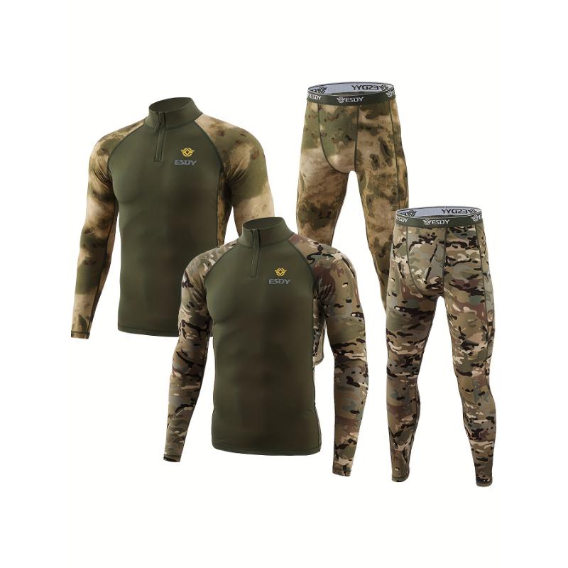 2 Pcs Premium Men's Thermal Underwear Set - Green Camo Sports Bodybuilding Essentials for Cold Weather - 1 4 Zip Neckline Shirt and Leggings for Fitness Enthusiasts Fabric Menswear Fabric Menswear