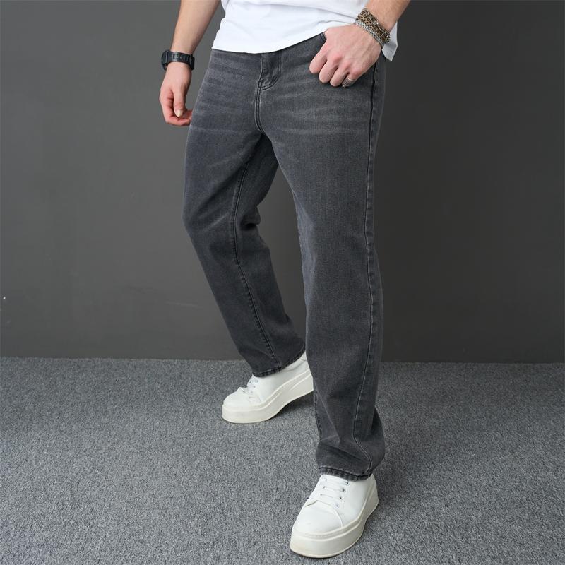 Men Stylish Loose Straight Jeans Trousers High Quality Male Street Style Simple Solid Cotton Casual Denim Pants