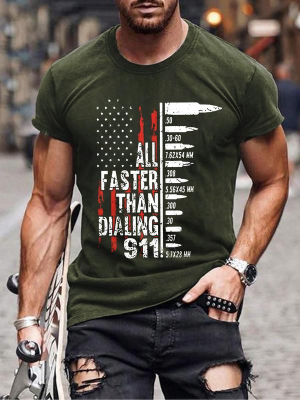 Men's Letter & Flag Print Round Neck Tee, Men's Clothing Outfits, Street Fashion Casual Soft Comfy Streetwear Crew Neck Short Sleeve T-Shirt for Daily Holiday Outdoor Wear, Graphic Tees, Men's Fashion Casual Top for All Seasons