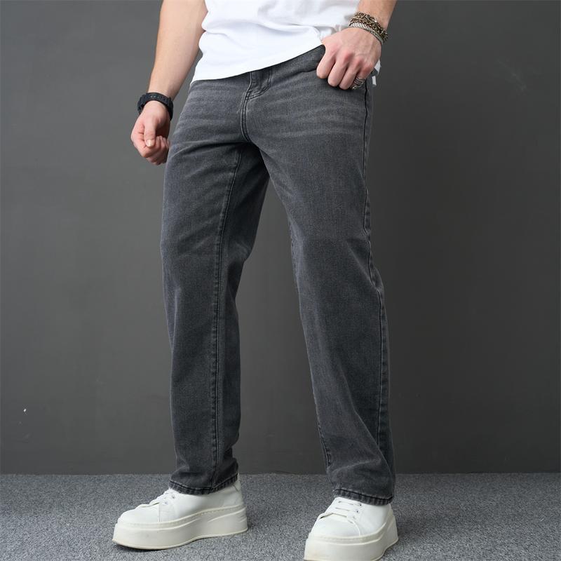 Men Stylish Loose Straight Jeans Trousers High Quality Male Street Style Simple Solid Cotton Casual Denim Pants