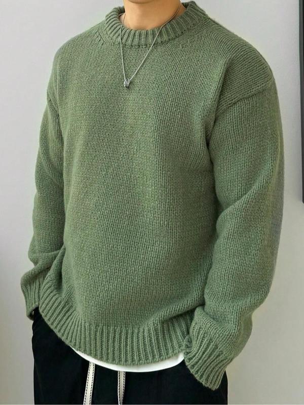 Men's Solid Color Drop Shoulder Sweater, Loose Casual Long Sleeve Round Neck Jumper for Fall & Winter, Men's Knitwear for Daily Wear