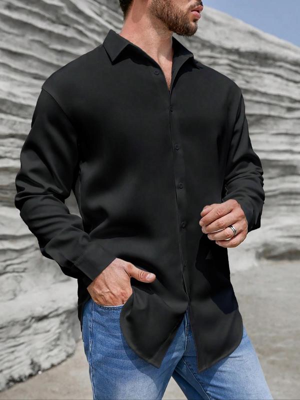  Men's Solid Button Front Shirt, Regular Fit Casual Button Decor Cuff Long Sleeve Collared Top for Spring & Fall, Men's Clothes for Daily Wear