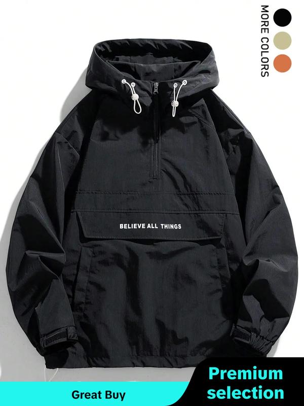 Men's Letter Print Drawstring Pocket Half Zipper Hooded Jacket, Regular Fit  Windbreaker Jackets, Casual Long Sleeve Windproof Outerwear for Fall & Winter, Men's Clothes for Daily Wear