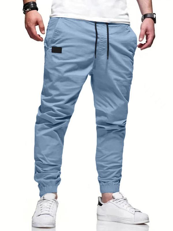 Men's Solid Color Patched Drawstring Waist Jogger Pants, Loose Casual Pocket Trousers for Daily Wear, Fashion Men's Bottoms for All Seasons