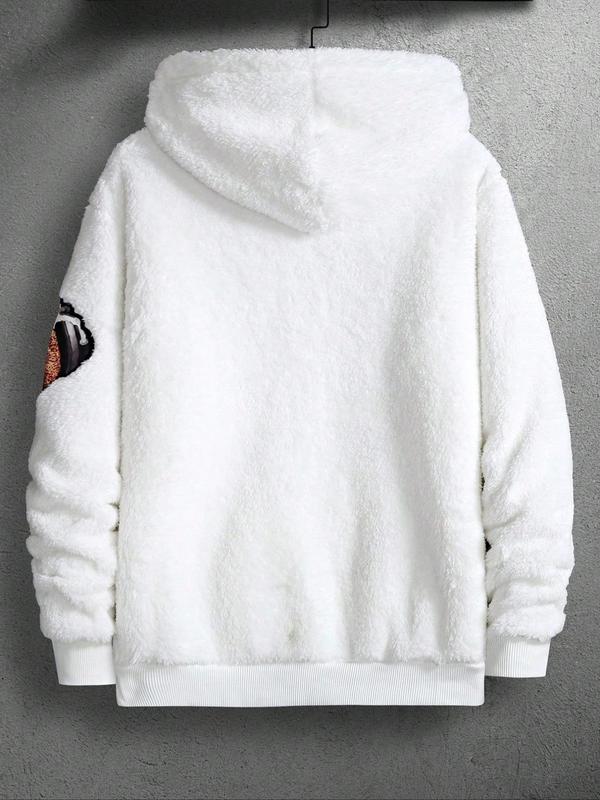 Men's Cartoon Bear Embroidery Pocket Fuzzy Hoodie, Regular Fit Casual Long Sleeve Hooded Sweatshirt for Fall & Winter, Men's Clothes for Daily Wear