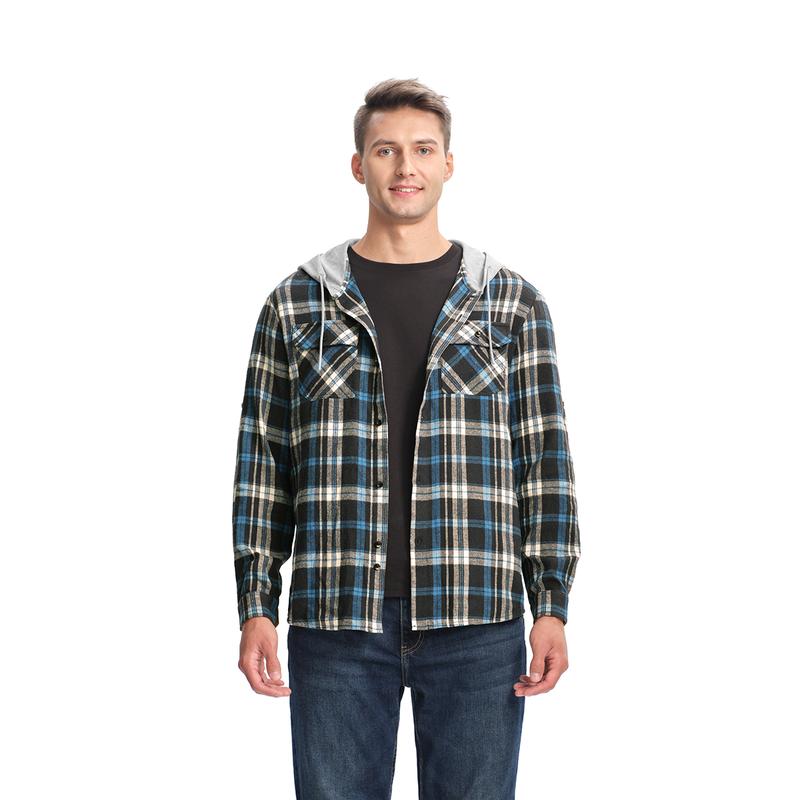 Gopune Men's Casual Flannel Plaid Button Hooded Shirts Lightweight Outdoor Jacket