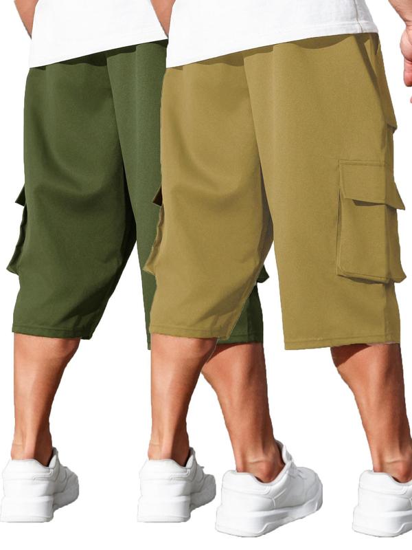  Men's Solid Flap Pocket Drawstring Waist Capri Cargo Pants, Street Regular Fit Capri Mens Shorts Pants for Daily Wear, Mens Pants, Men's Bottoms