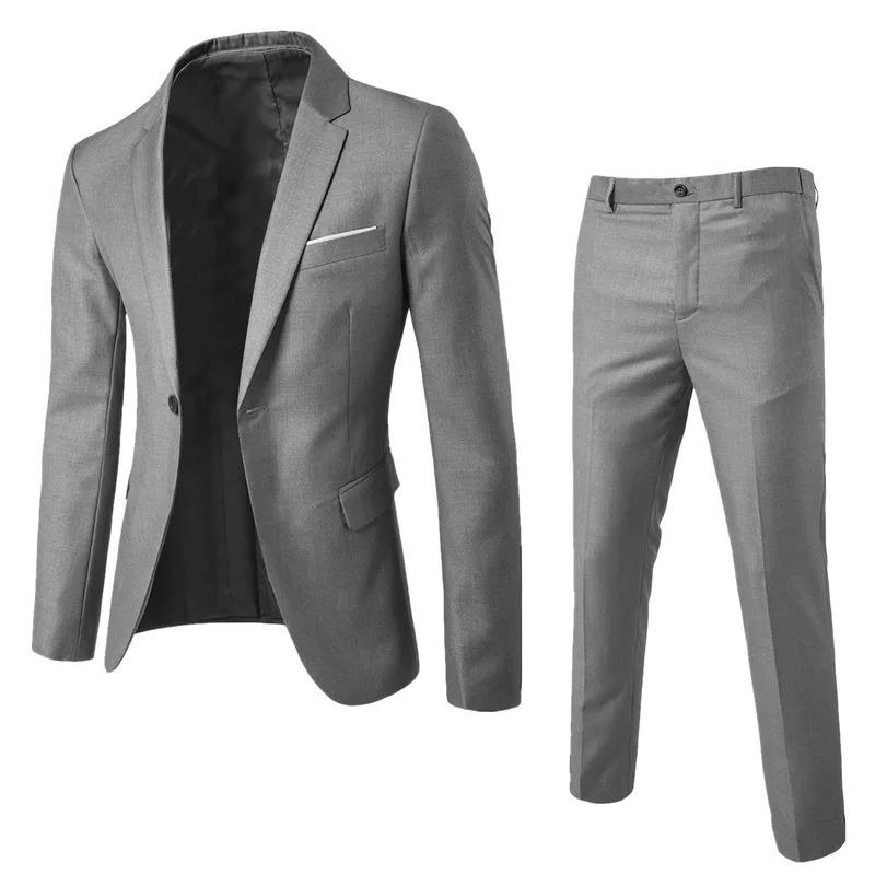 Men's Wedding Suit For Groom Best-Man Groomsman  Pure Color Elegant Blazer Pant Set Slim Men Formal Dress Suit Clothes