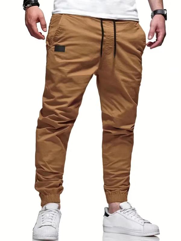 Men's Solid Color Patched Drawstring Waist Jogger Pants, Loose Casual Pocket Trousers for Daily Wear, Fashion Men's Bottoms for All Seasons