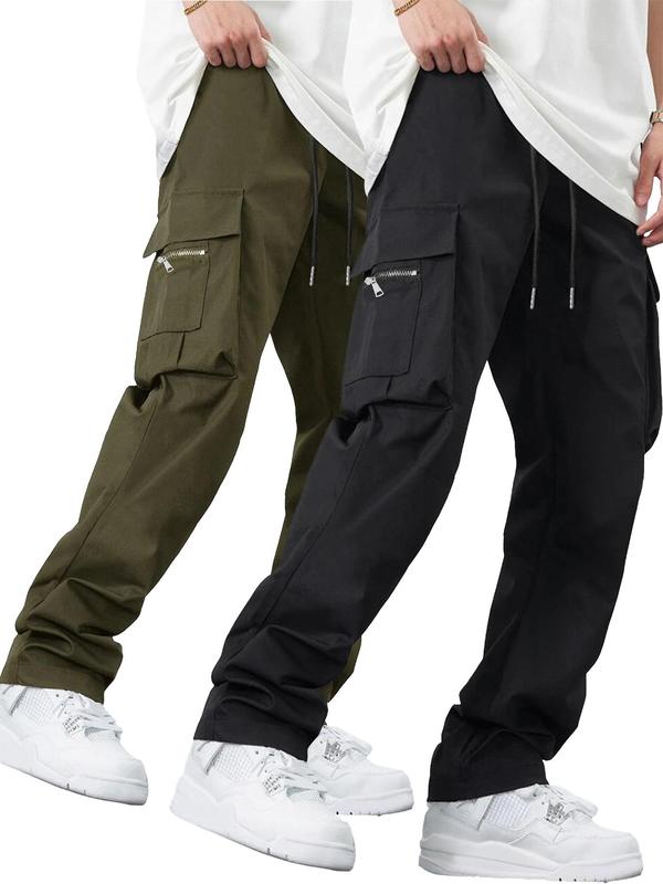 Men's Solid Color Drawstring Waist Cargo Pants, Street Fashion Casual Pocket Trousers for Daily Wear,  Men's Cargo Work Pants,  Men's Bottoms for All Seasons