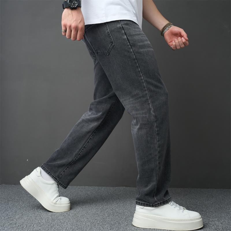 Men Stylish Loose Straight Jeans Trousers High Quality Male Street Style Simple Solid Cotton Casual Denim Pants