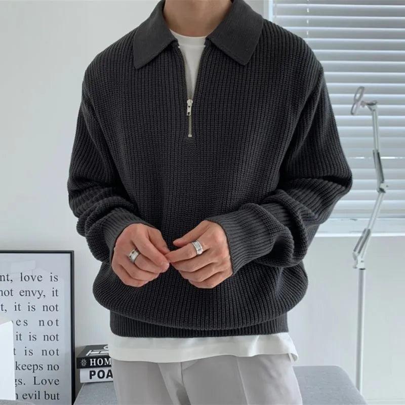 Sharp Zipper: Elevate your style with the Mens Lapel Loose Sweater