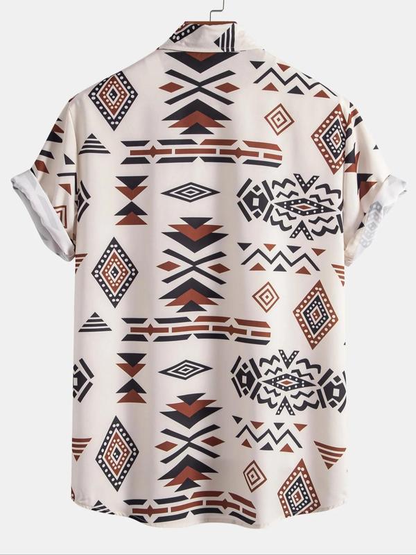 Men's Ethnic Pattern Button Front Shirt, Shirts for Men, Summer Clothes 4th Of July Shirts, Shirts for Men, Casual Loose Geometric Print Short Sleeve Collared Shirt, Back to School Outfits, Men's Top for Summer