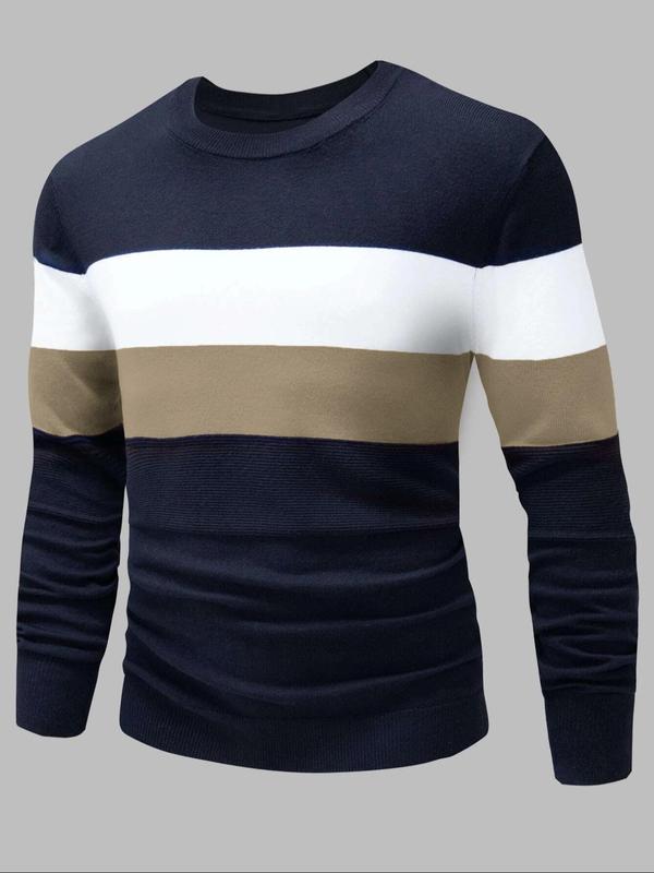 Men's Colorblock Round Neck Sweater, Slim Casual Long Sleeve Crew Neck Jumper for Fall & Winter, Fashion Men's Knitwear for Daily Wear