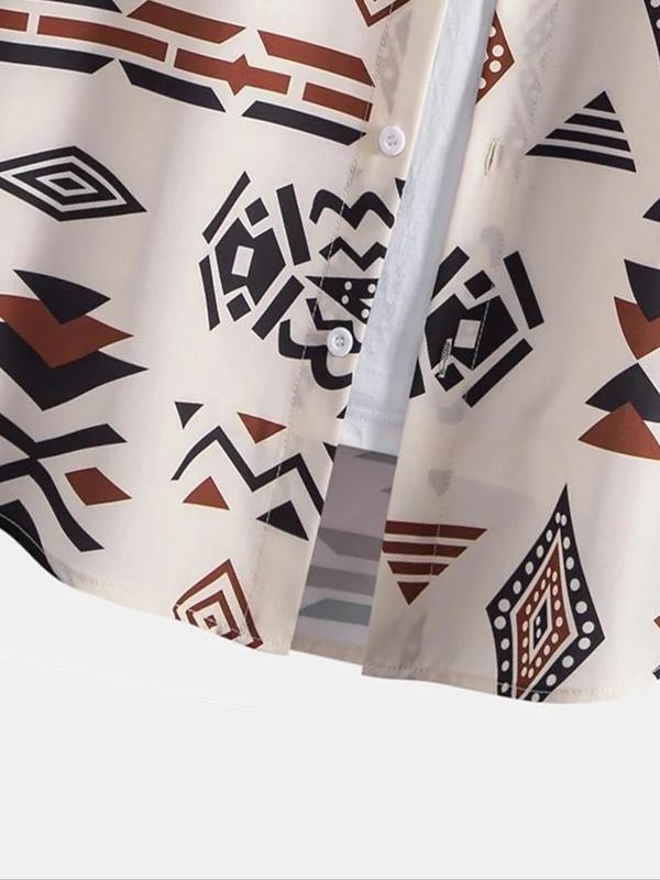 Men's Ethnic Pattern Button Front Shirt, Shirts for Men, Summer Clothes 4th Of July Shirts, Shirts for Men, Casual Loose Geometric Print Short Sleeve Collared Shirt, Back to School Outfits, Men's Top for Summer