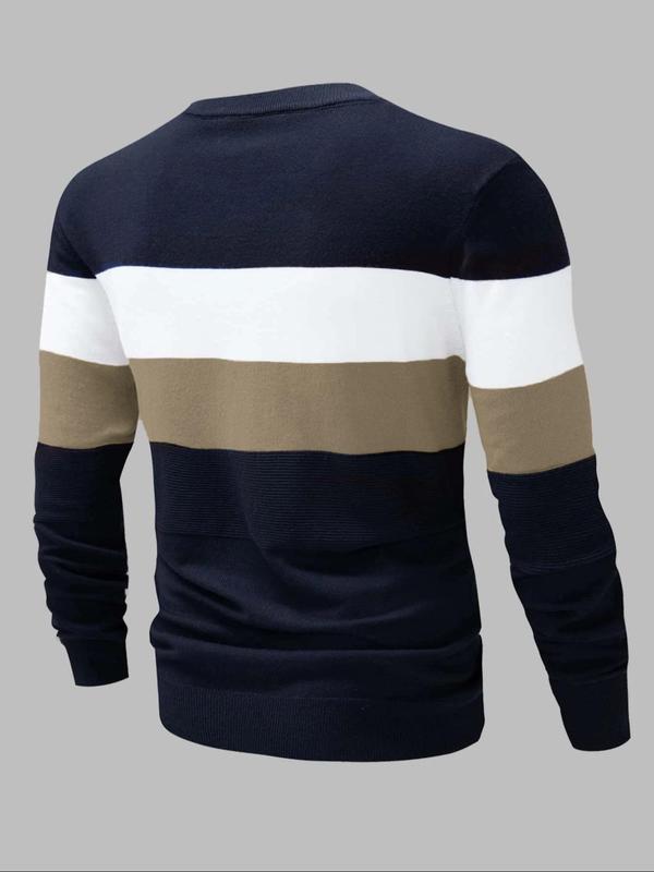 Men's Colorblock Round Neck Sweater, Slim Casual Long Sleeve Crew Neck Jumper for Fall & Winter, Fashion Men's Knitwear for Daily Wear