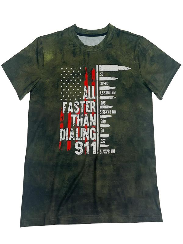 Men's Letter & Flag Print Round Neck Tee, Men's Clothing Outfits, Street Fashion Casual Soft Comfy Streetwear Crew Neck Short Sleeve T-Shirt for Daily Holiday Outdoor Wear, Graphic Tees, Men's Fashion Casual Top for All Seasons