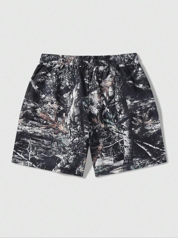 Men's Leaf & Letter Print Drawstring Waist Shorts, Regular Fit Casual Pocket Shorts for Summer, Men's Bottoms for Daily Wear