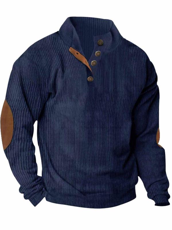 Men's Solid Button Front Corduroy Polo Shirt, Regular Fit Casual Long Sleeve Stand Collar Top for Fall & Winter, Men's Clothes for Daily Wear