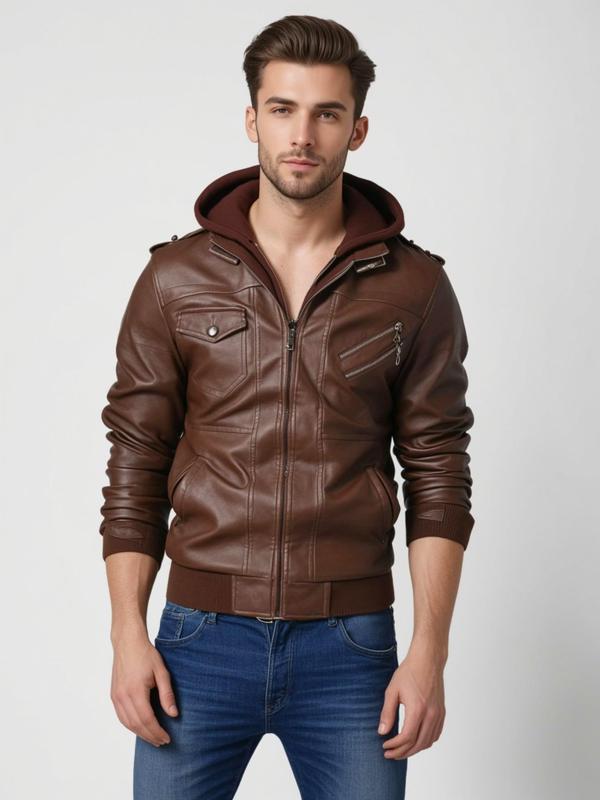 Men's Solid 2 in 1 Pocket Zipper Pu Leather Jacket, Casual Long Sleeve Button Hooded Outerwear for Fall & Winter, Winter Clothes Women, Men's Clothes for Daily Wear