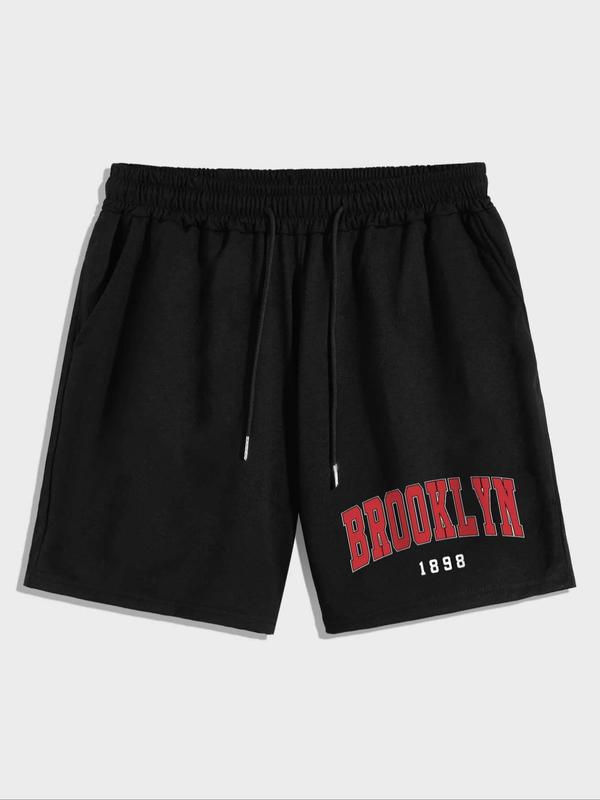 Men's Letter Print Drawstring Waist Pocket Track Shorts, Summer Clothes, Regular Fit Personalized Casual Soft Comfy Straight Leg Shorts for Summer, Mens Clothing, Men's Back To School Bottoms for Gym Workout Running, Menswear, Men Gifts, Mens Shorts