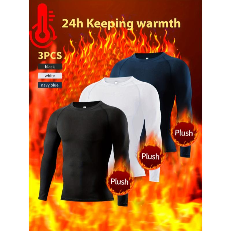 warm 3pcs Men'S Fleece-Lined Thermal Long Sleeve Tops, Comfortable Base Layer Crew Neck Pullovers, High Stretch Solid Color Knit Fabric, Skinny Fit, for Winter Skiing & Hiking, Casual Sports Shirts