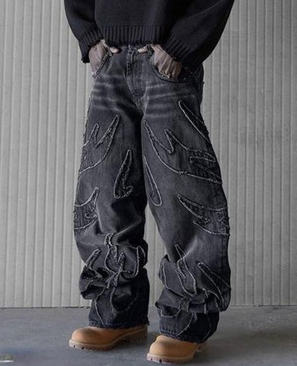 Baggy Jeans for Men Y2k Hip Hop Distressed Retro Black Pants Oversized Embroidery Harajuku Gothic Wide Leg Trousers Streetwear Pants