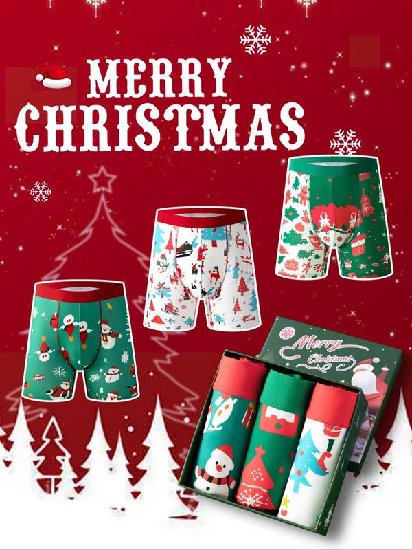 Men's Christmas Print Contrast Binding Boxer Brief, Casual Comfy Breathable Underwear for Daily Wear, Men's Underwear for All Seasons