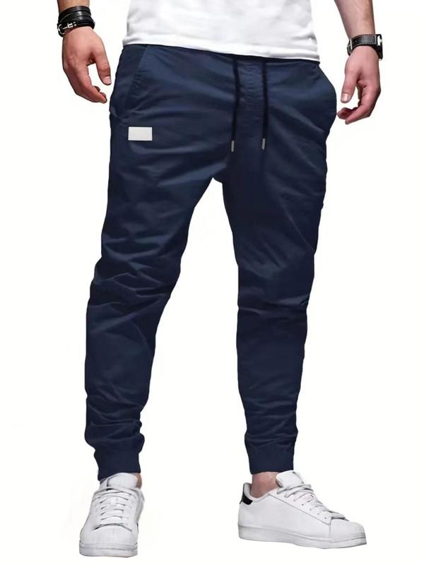 Men's Solid Color Patched Drawstring Waist Jogger Pants, Loose Casual Pocket Trousers for Daily Wear, Fashion Men's Bottoms for All Seasons