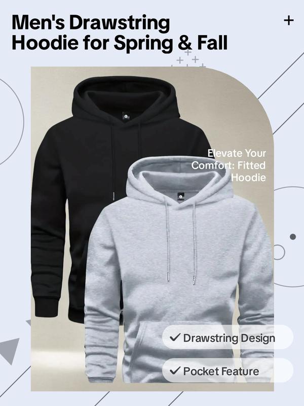 Men's Solid Drawstring Hoodie, Casual Regular Fit Pocket Hooded Sweatshirt for Spring & Fall, Men's Top for Daily Wear