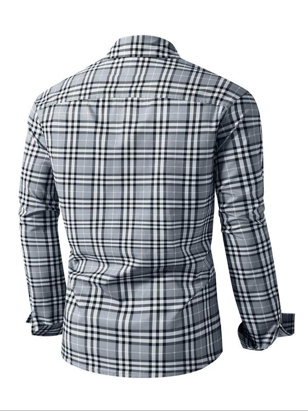 Men's Random Plaid Print Button Front Shirt, Regular Fit Casual Long Sleeve Collared Top for Fall & Winter, Men's Clothes for Daily Wear, Fall Outfits, Fallfreshness,  School Tops