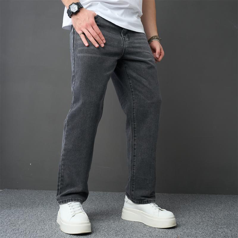 Men Stylish Loose Straight Jeans Trousers High Quality Male Street Style Simple Solid Cotton Casual Denim Pants