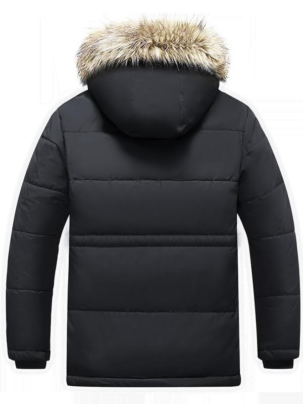 Men's Contrast Faux Fur Button Pocket Zip Up Hooded Jacket, Casual Long Sleeve Thermal Lined Hooded Outerwear for Winter, Men's Clothes for Daily Wear