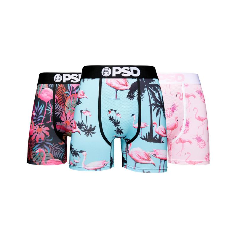 PSD Men's Flamingo Jungle Boxer Brief 3 Pack - Mid Length 5 Inch Inseam, Moisture-Wicking 4-Way Stretch Fabric