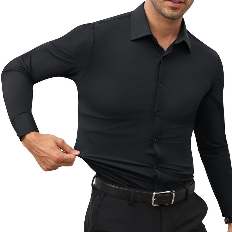 ELENCOCO Men's super  stretchy dress shirt quick-drying breathable anti-wrinkle muscle slim long-sleeved business sports casual shirt Slim-fitting Casual Casual Black Menswear Top Underwear Beige Plain Long Sleeve Collar Longsleeves Collared Wetsuit