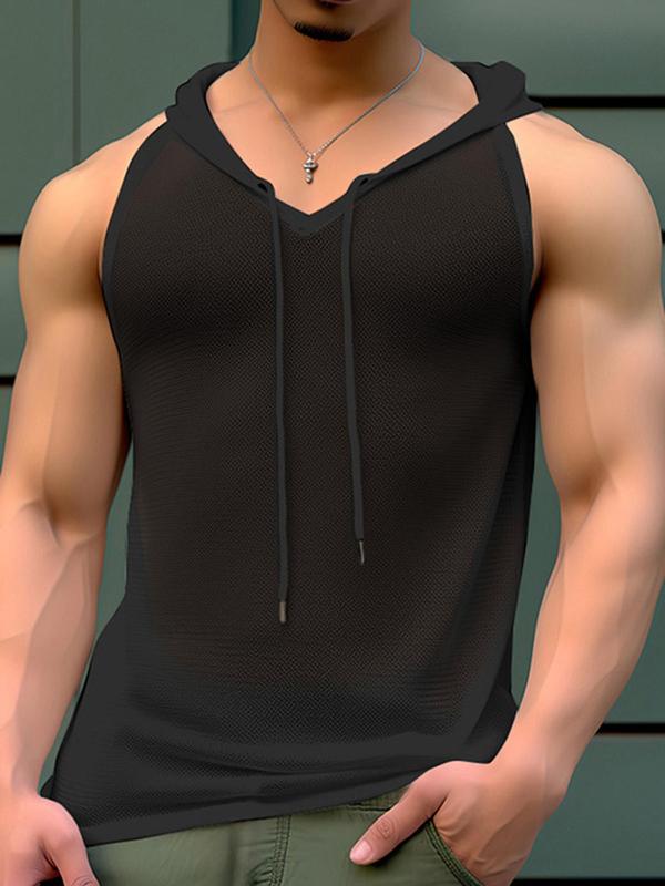 Men's Regular Fit Solid Drawstring Sheer Hooded Tank Top, Casual Sleeveless Top for Summer, Fashion Men's Clothes for Daily Wear Vest