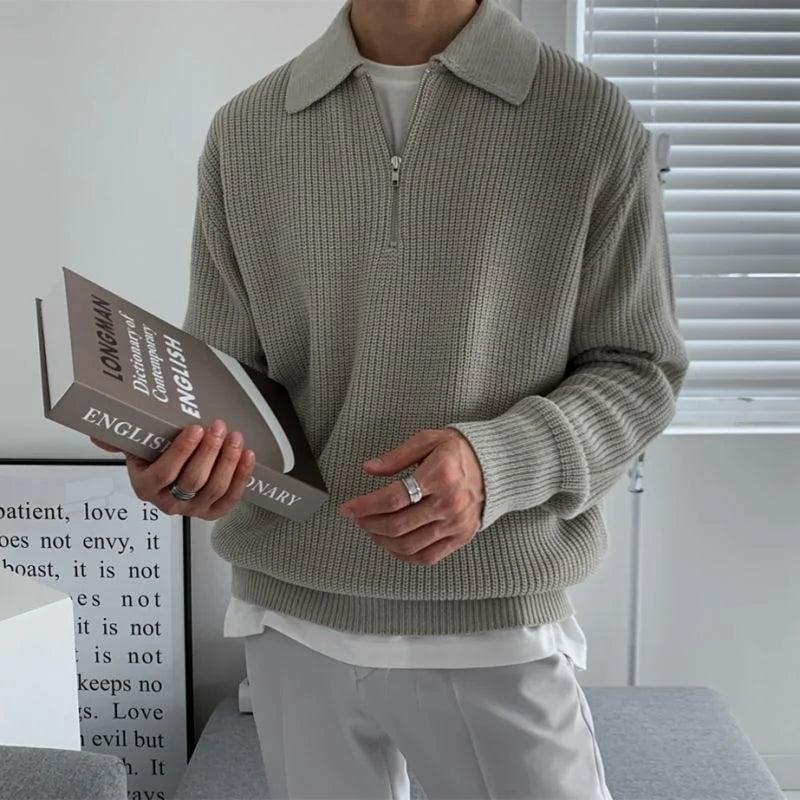 Sharp Zipper: Elevate your style with the Mens Lapel Loose Sweater