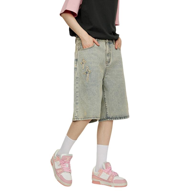 Iconslab&Psylos1 Cross Star Embroidery Denim  Shorts Fashion  Casual Retro Loose Straight Pants