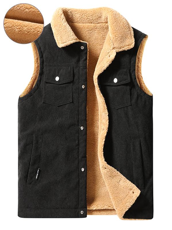 Men's Solid Color Button Front Flap Pocket Thermal Lined Corduroy Vest Coat, Regular Fit Casual Fashion Warm Collared Sleeveless Outerwear for Fall & Winter, Men's Clothes for Daily Wear